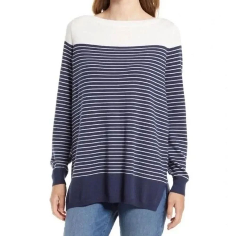 NEW with Tags Caslon Navy Stripe Colorblock Wool Blend Pullover Sweater